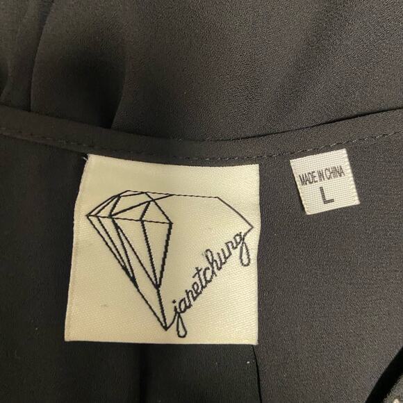 Janet Chung Top Shear Dark Black Sequin Studs Blouse Dressy Size L - Picture 7 of 10